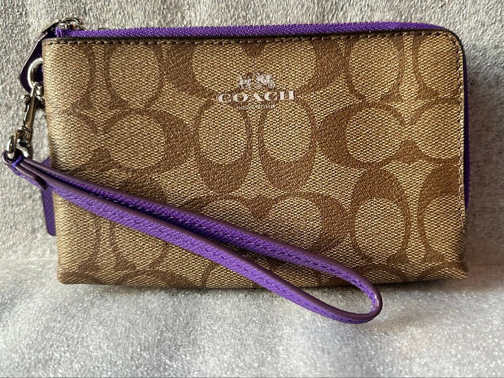 Coach Double Zip Signature Canvas Wristlet Khaki Purple F64131 Zip Wallet